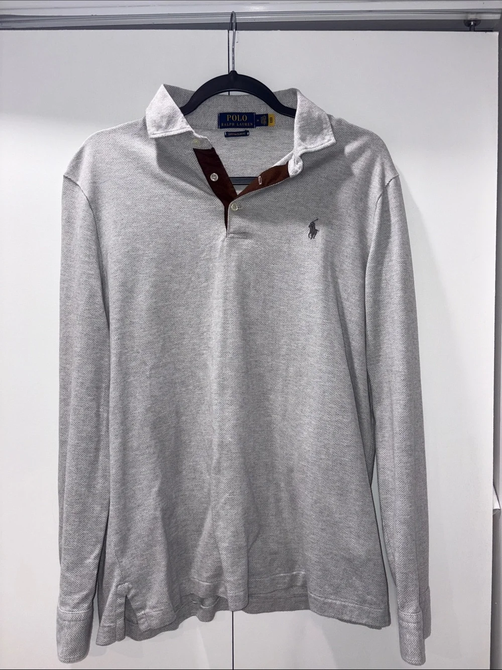Polo by Ralph Lauren Light Gray Long-Sleeve Polo with Brown Placket